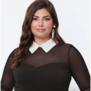 Unique Vintage Black Mesh Bodysuit with White Cuffs and Collar Sz L #61